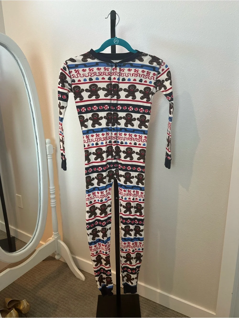 Kids Gingerbread Print One-Piece Pajamas - White & Navy